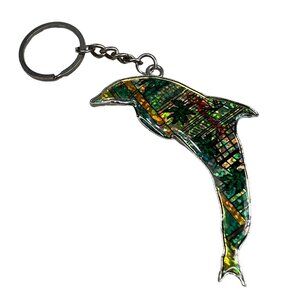 Dolphin Keychain Florida Souvenir Green Palm Trees Art Deco Background